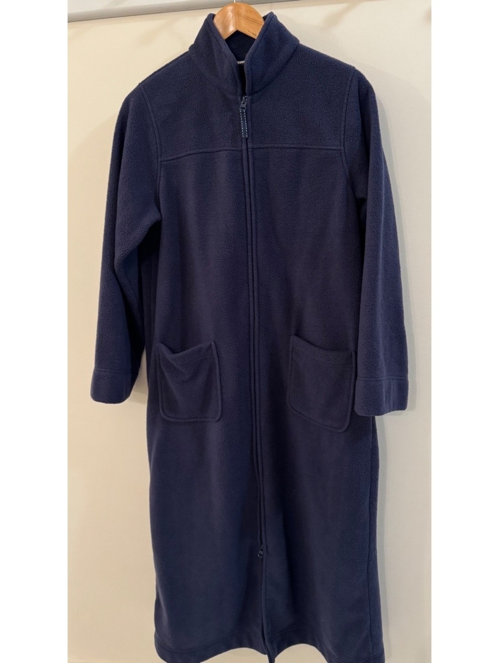 L.L.Bean Navy Blue Full-Zip Long Fleece Robe with Pockets, Size Small